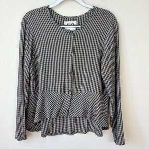 Flax Peplum Button Front Long Sleeve Top Gingham Checkered Organic Lagenlook